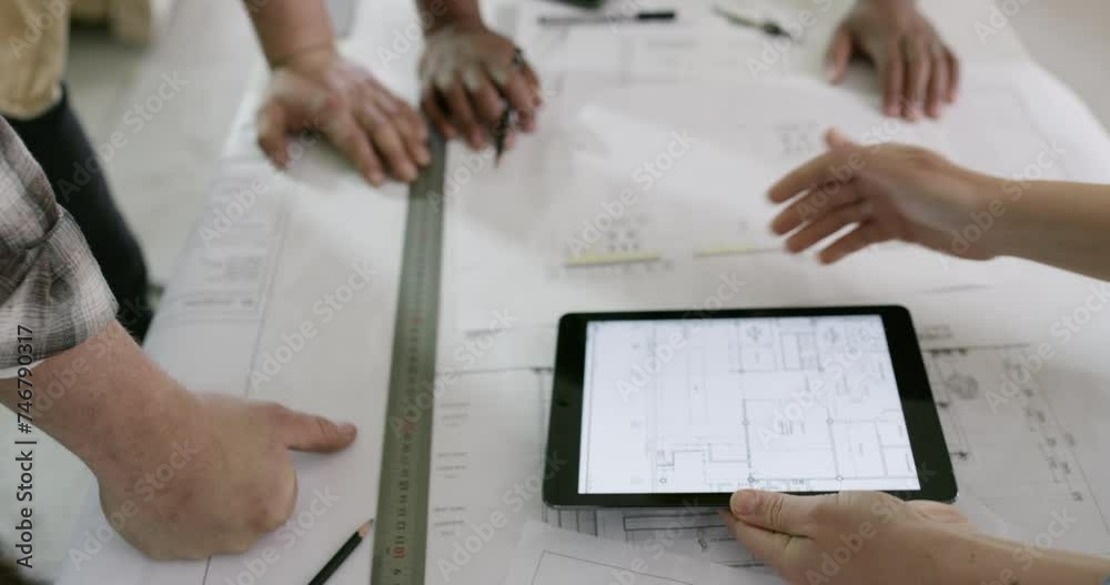Poster blueprint, tablet screen and hands or teamwork in construction, building and planning with industry 