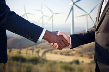 Business handshake in front of wind turbines.