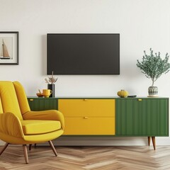 Mockup a TV wall mounted on green cabinet with yellow armchair in living room with a white wall.