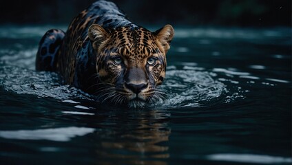 Front view of Panther on dark background in water 