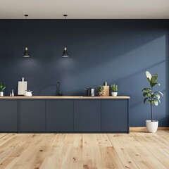 Mockup wall modern style kitchen interior design with dark blue wall