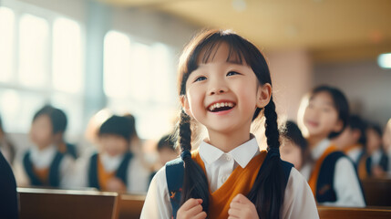 little korean schoolgirl in school class, cute asian girl, japanese, chinese, study, education, smart child, clever kid, children, knowledge, chalk board, portrait, people, person, black hair - obrazy, fototapety, plakaty