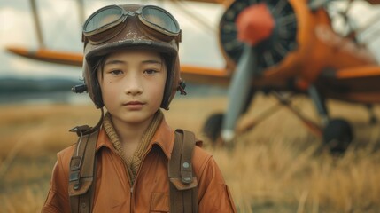 Asian Boy as Airplane Pilot in Field