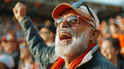 Uomo anziano che grida eccitato  mentre assiste a una partita sportiva con un gruppo di tifosi allo stadio, concitazione durante la partita della squadra del cuore - obrazy, fototapety, plakaty