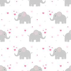 Seamless pattern with cute elephants  and hearts for baby decor, nursery print, kids apparel, wrapping paper, fabric, and textile. Vector illustration, flat style.