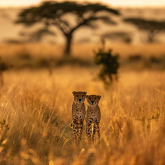 Cheetahs in the Golden Savannah at Sunset