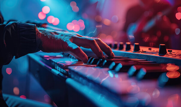 A piano player playing on stage, glowing light - Powered by Adobe