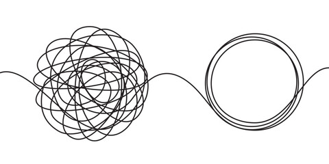 Hand drawn scrawl sketch or black line spherical abstract scribble shape. Vector chaotic doodle circle drawing of tangled thread or clew knot - 746791112