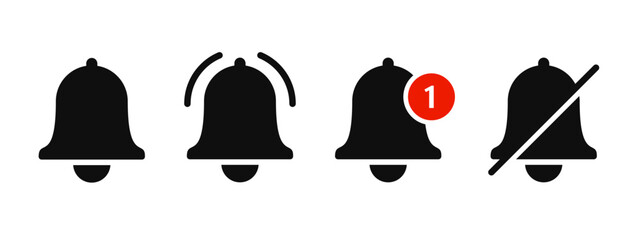 Notification bell icons for incoming inbox message. Vector ringing bell and notification number sign for alarm clock and mobile phone application