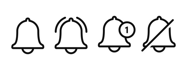 Notification bell line icons for incoming inbox message. Vector ringing bell for notification mute and number sign for alarm clock and mobile phone application