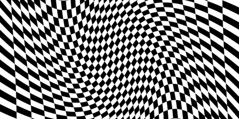 Checkered pattern background, checkerboard or chess board squares. Vector checkered background with optical illusion or distortion wave of geometric mosaic pattern