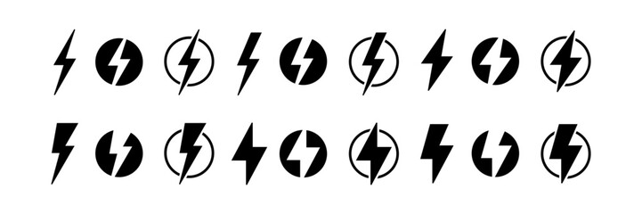 Power lightning charging logo icons. Vector black thunderbolt electricity and energy power symbols isolated on transparent background