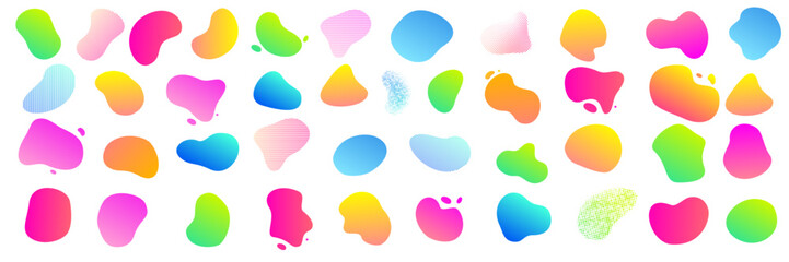 Irregular color blobs, organic shape splashes and liquid forms. Vector abstract patterns and halftone backgrounds with color blend gradient