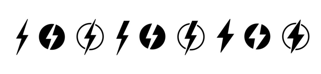 Lightning icons set for energy power charging, vector thunderbolt symbols of electricity lightning