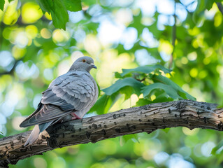 A colorful pigeon stands on a branch amidst lush greenery, with a soft bokeh background.