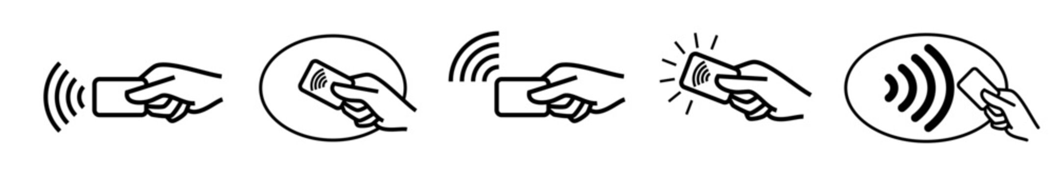 Contactless payment icons, credit card and hand tap pay wave. Vector wireless NFC and contactless pay pass icons set