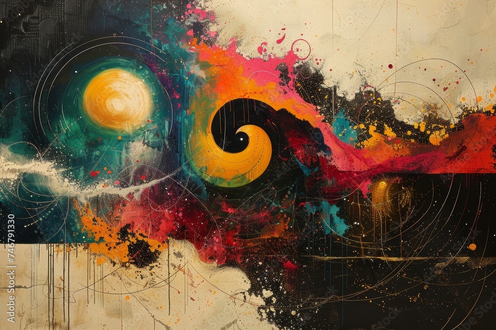 Poster abstract doodles, spirals, vibrant colors explode on textured canvas, creating a dynamic visual feas