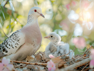 Obraz premium A dove tenderly looks at its chick in a cozy nest surrounded by leaves.