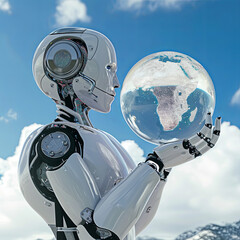 an AI robot holding the world inside a snow globe outside the globe is blue sky with white cloud