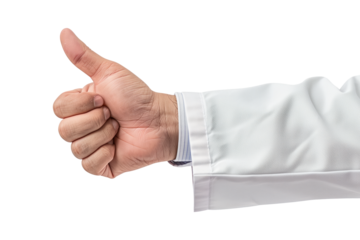 Doctor's hand showing thumb up on white or transparent background. Close-up of a doctor's hand in a white medical suit showing a thumbs up. Design element on the theme of medicine.