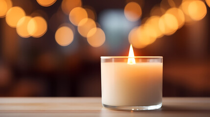 Close up of burning candle with blurred background and copy space for text
