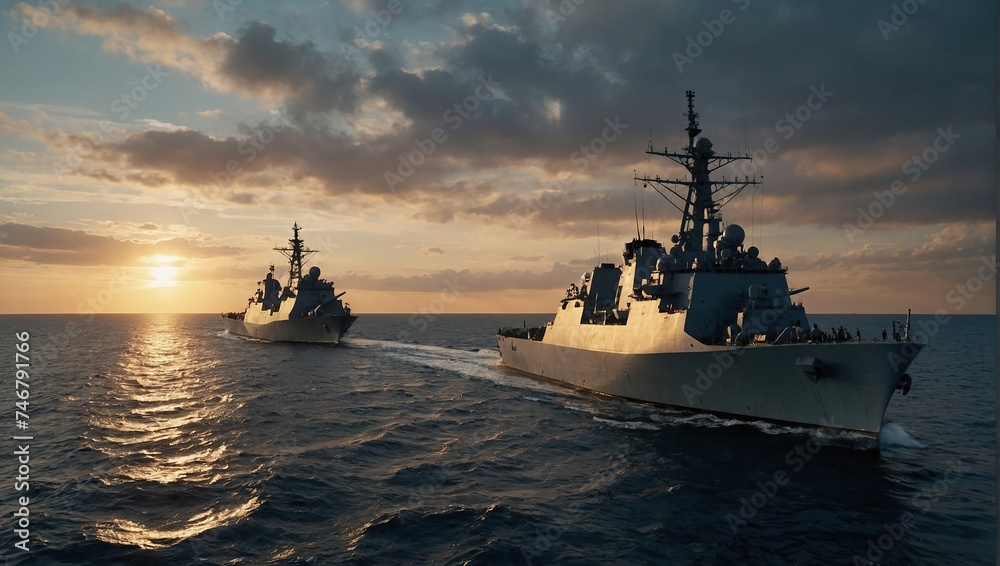 Wall mural military navy ships in a sea bay at sunset