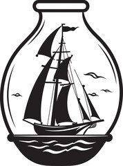 Classic Ship in a Bottle Iconic Black Emblem of Maritime Memorabilia Glass Encased Maritime Charm Vector Graphic of Old Sailboat Keepsake