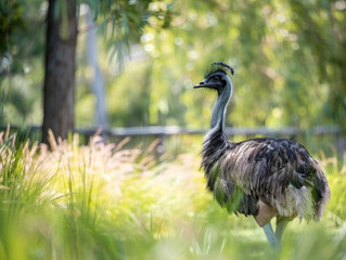 An emu stands in greenery, its gaze piercing through the leaves.