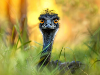 Emu with striking eyes and feathers standing in green grass illuminated by the warm sunlight.