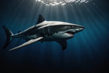 Nice big white shark in the dark with space for text wild ocean life and danger from darkness