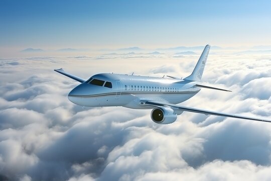 Aerial view of passenger plane gliding above clouds on peaceful flight journey, air travel concept