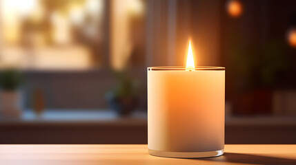 Close up of burning candle with blurred background and copy space for text - obrazy, fototapety, plakaty