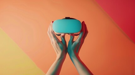 In a minimalist setting against a white background, delicate female hands hold virtual reality goggles (VR), symbolizing the intersection of technology and human experience in the digital age.
