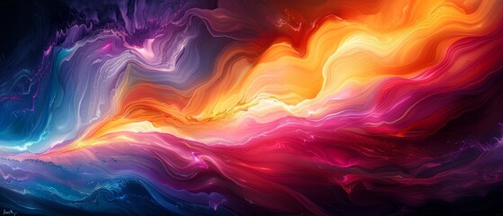 Dynamic energy flow in abstract form, vibrant hues with surreal landscape backdrop. - obrazy, fototapety, plakaty