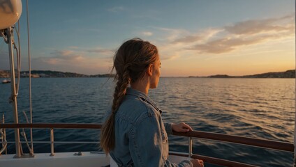 Panoramic crop of girl enjoying sunset view from boat deck leaving port