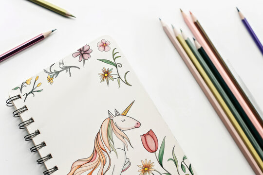Enchanted Scribbles: A Magical Unicorn-themed Notebook. Generative AI.
