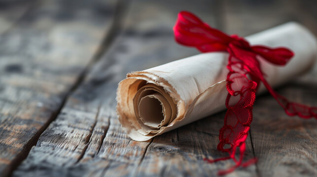 Old parchment paper certificate with red bow on rustic table.