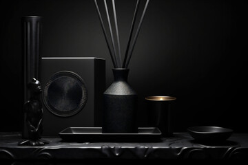 Eco friendly Elegant all black home decor arrangement on a draped table, luxurious atmosphere used for aesthetic and minimalistic decors.
