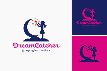 Child reaching for stars on a crescent logo, ideal for dreamy designs, bedtime stories, children books, fantasy themes, inspiration illustrations.
