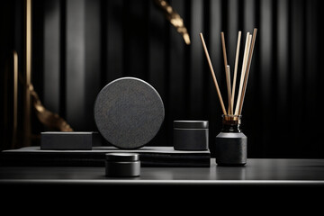 An elegant all black home fragrance set with reed diffusers against a textured black backdrop, ideal for a sophisticated interior setting, and natural . - obrazy, fototapety, plakaty