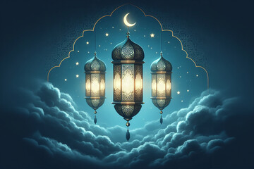 Obraz premium Ramadan kareem concept design, happy ramadan holiday, crescent and candle design, greetings islamic world, celebrating ramadan.