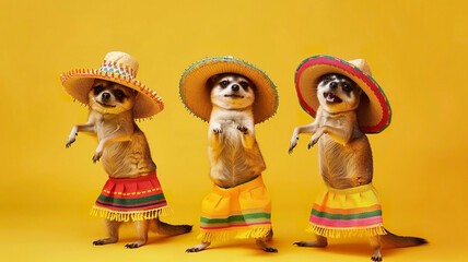 Three funny meerkats dancing in straw sombreros and colorful skirts on yellow background. Cinco de Mayo celebration in Mexico. Generated AI