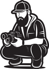 Focus Phenom Iconic Black Logo of Photographer Thick Line Art Flash Genius Vector Photographer Line Art Emblem