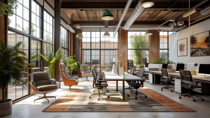 Open, spacious and dynamic modern office interior. - obrazy, fototapety, plakaty