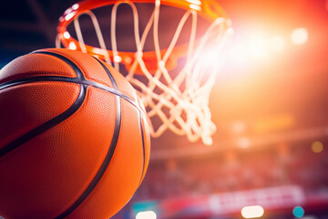 Close-up of a basketball going into the hoop during a game.
