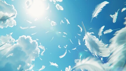 Serene Blue Sky with Falling White Feathers Generative AI