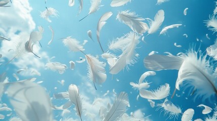 Serene Blue Sky with Falling White Feathers Generative AI