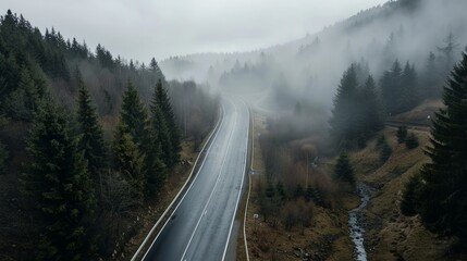 Mystical Spring Road in Foggy Forested Mountain Generative AI
