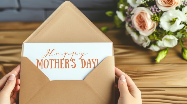 A mother's day card is held in an envelope. Female hands holding brown envelope with greeting card, flowers on the table