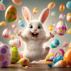 Easter Bunny with Painted Eggs and Sparkling Background